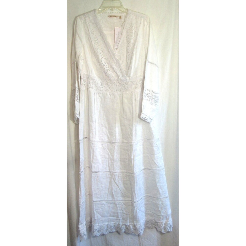 Soft Surroundings White Araminta Long Sleeve Linen V Neck Maxi Dress Size 8 NWT